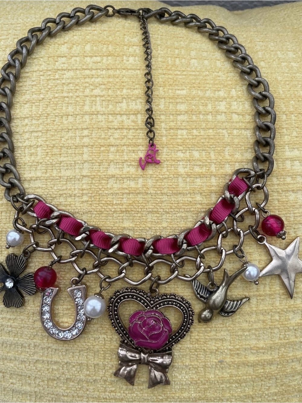 Vintage-Betseyville Betsey Jhonson pink Ribbon with Heart & Bird Charms necklace